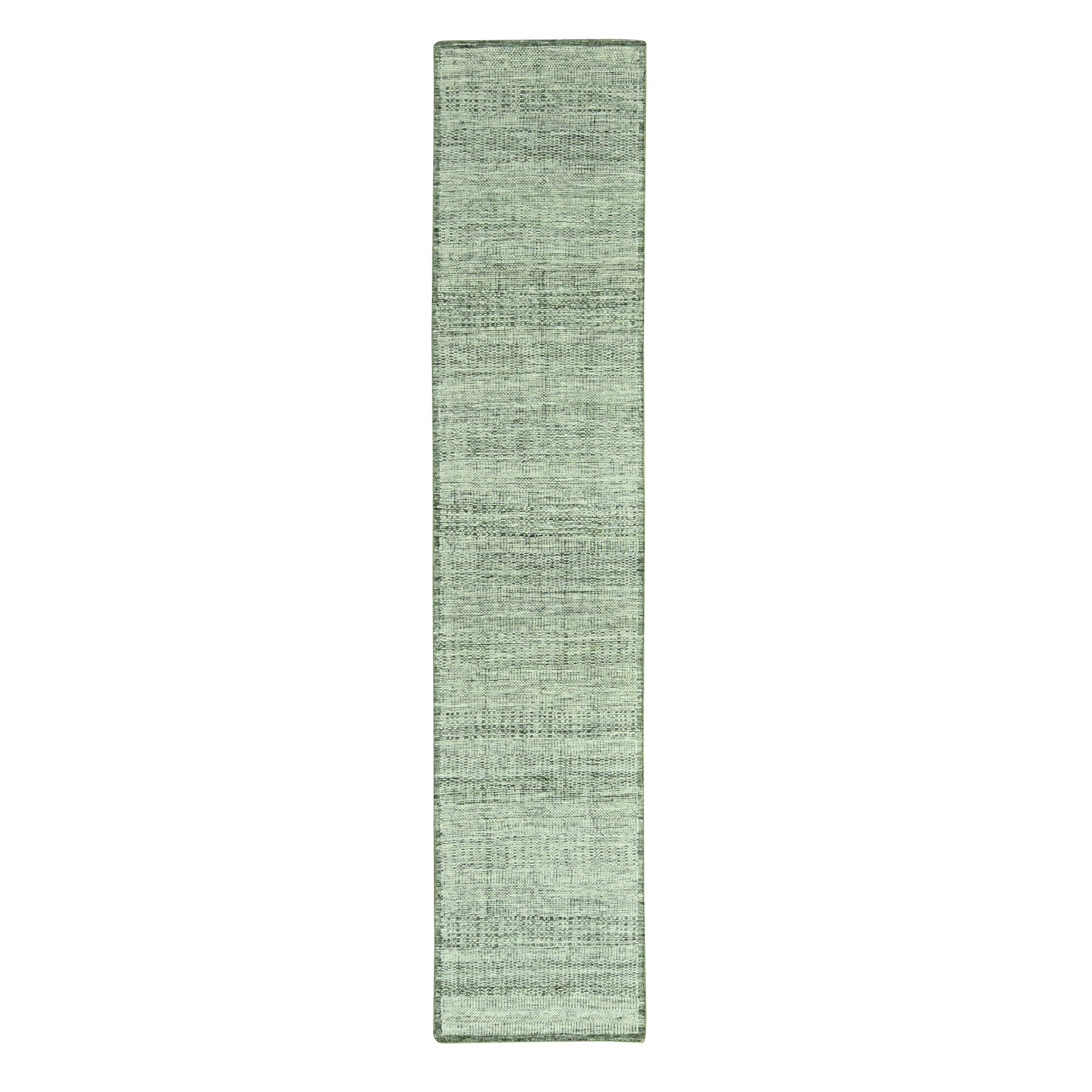 Sage Green, Hand Knotted, Oxidized and Distressed Grass Design with Exposed Warps, 100% Wool, Narrow Runner, Oriental Rug